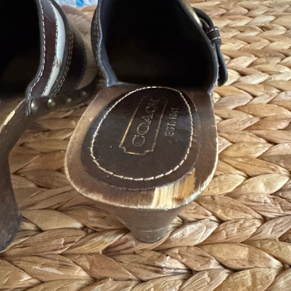 Coach Brown,Tan and Gold Patchwork Leather Wooden Heel Clogs - Picture 3 of 5